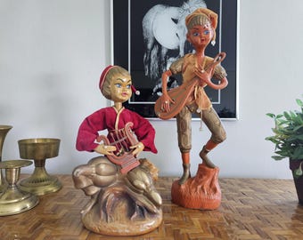 Midcentury Pixie Figurine, 1960s Pixie Playing a Harp or Pixie Playing a Mandolin, Vintage Pixie Statues, Wood Grain Plastic Elf, Choose One