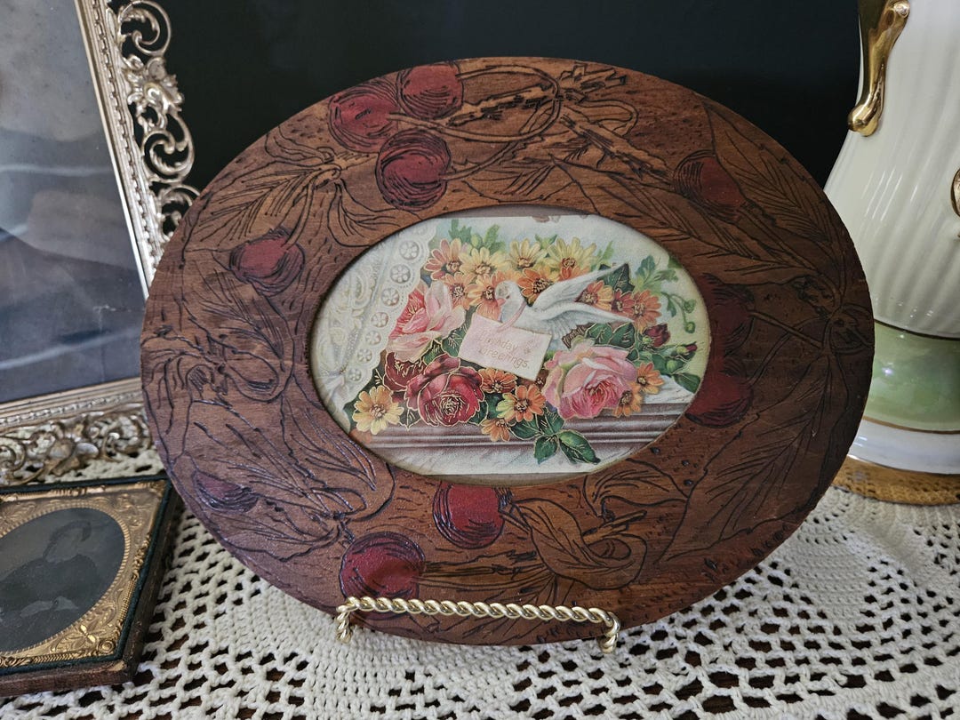 Antique Oval Pyrography Frame With Red Cherries & Birthday Card ...