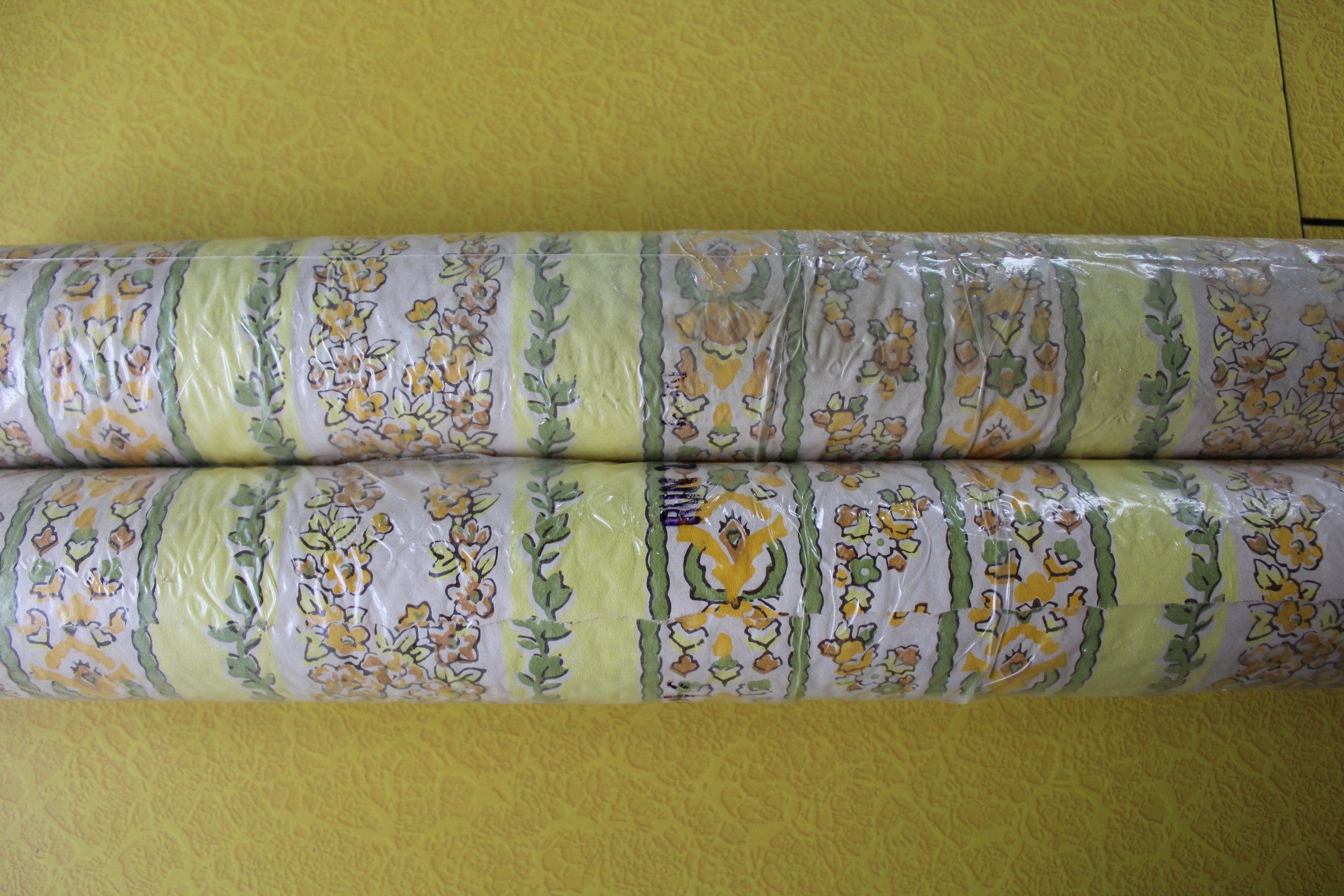 Vintage Double Roll of Yellow and Avocado Wallpaper w/ Flowers & Stripes, NOS 1970s Wallpaper, Kitchen Wallpaper, Floral Wallpaper, 2 Avail