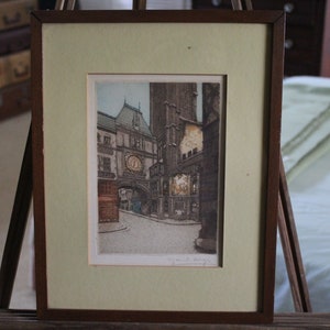 Antique Framed Aquatint Etching La Grosse Horloge, Rouen by Marcel Augis, The Ark of the Great Clock of Rouen, French Print in Frame