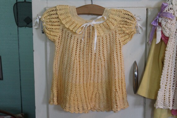Vintage Yellow Crocheted Baby Dress with White Ri… - image 2