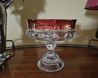 Vintage Large 7" Kings Crown Compote, Indiana or Tiffin Ruby Flash King's Crown Pedestal Bowl, Crystal Compote w/ Red Rim, Fancy Fruit Bowl