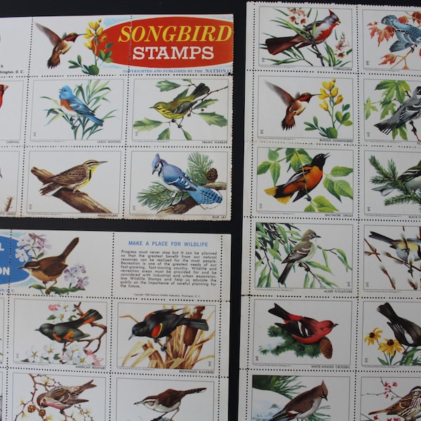 50 Bird Stickers from the 1950s & 1960s and Extra Mammals, National Wildlife Federation Sticker Sheets, Retro Songbird Stamps, Gummed Seals