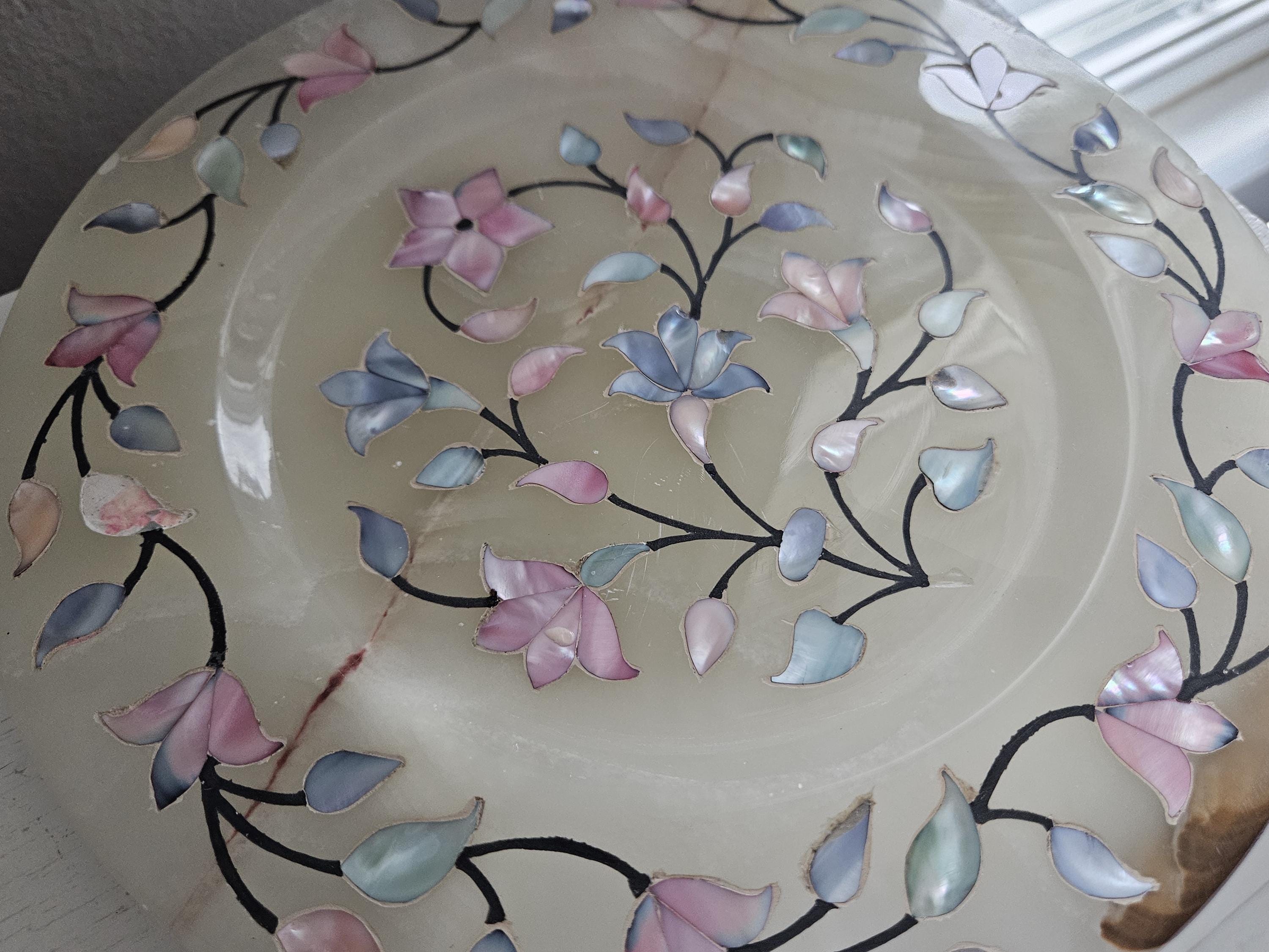 Vintage Alabaster Plate With Abalone Inlay and Dark Veining, Pietra ...