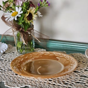 Vintage Fire King Marigold Peach Laurel Leaf Luster Ware Plate, 9&quot; Anchor Hocking Fire-King Orange Lusterware Dinner Plate, Laurel Leaf Dish