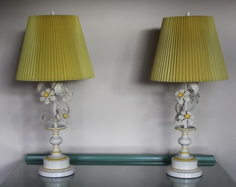 Pair of Vintage Yellow Toleware Floral Lamps, Original Plastic Pleated Shades, Midcentury Yellow Tole Daisy Lamps, Metal Flower Table Lamps