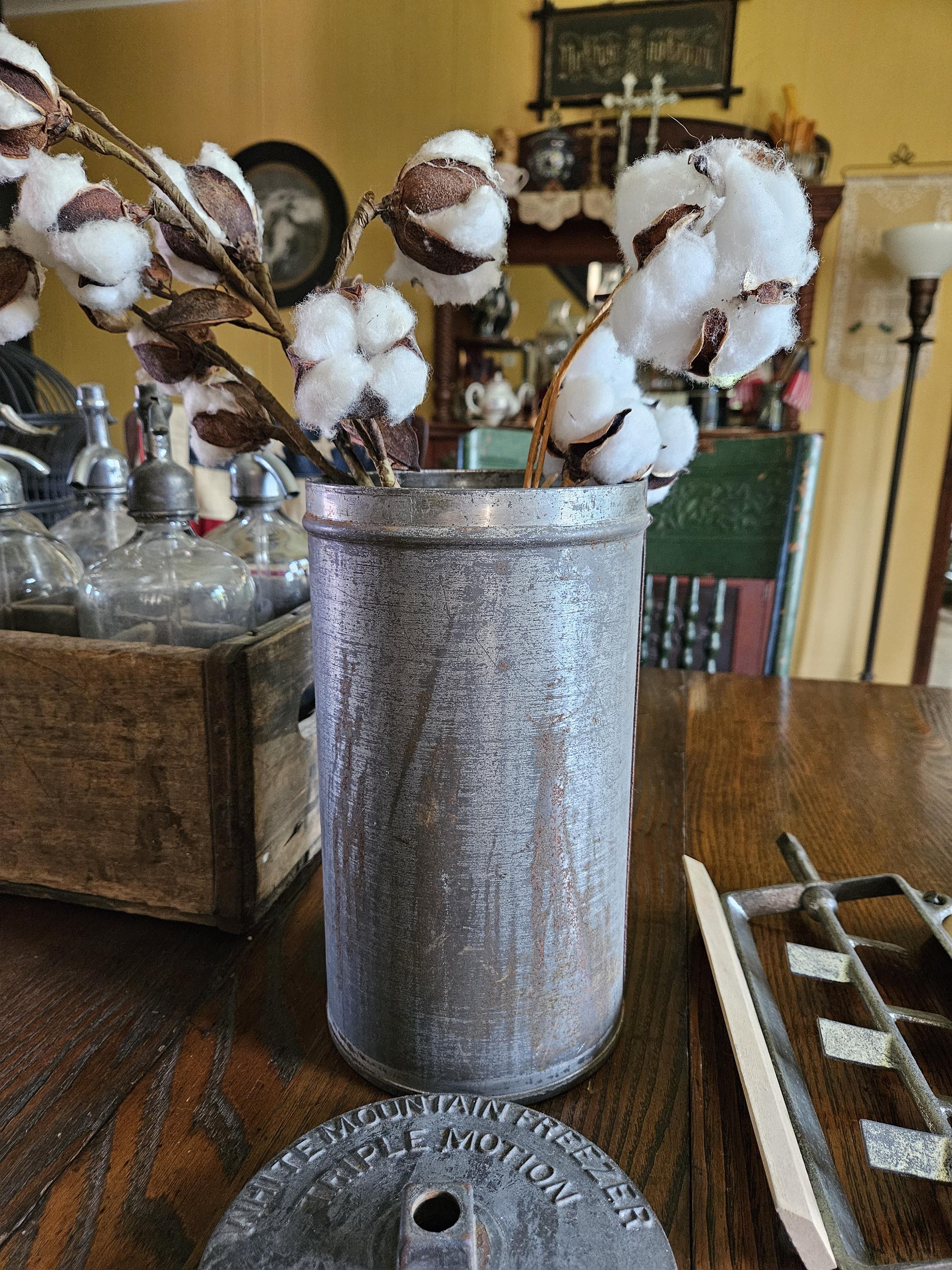 Antique White Mountain Freezer Inner Canister Tin, Vintage Metal Ice Cream Churn, Galvanized Metal Bucket, Primitive Vase, Farmhouse Storage