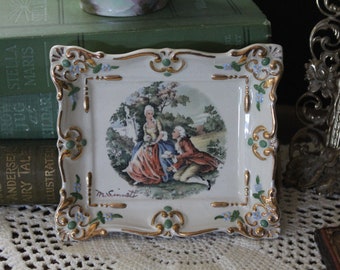 Vintage Ceramic Fragonard Picture, Small Ceramic Picture of Romantic Courting Scene by M Sinnett, Print of Victorian Couple in Ceramic Frame