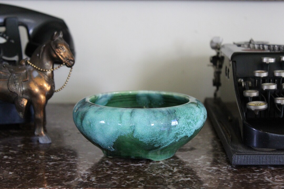 Vintage Green Drip Glaze Planter, Green Pottery Planter Dish, Round