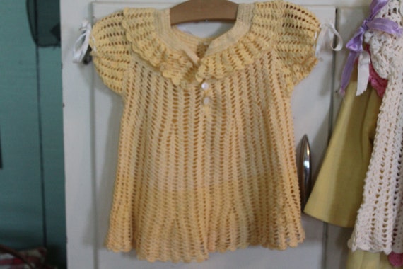 Vintage Yellow Crocheted Baby Dress with White Ri… - image 6