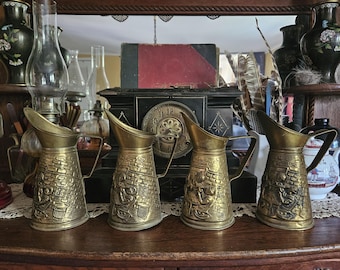 Vintage Brass Pitcher, Colonial Brass Pitcher Vase, Brass Pitcher with English Pub Scene, Early American Brass Vase for Mantle, Price Each