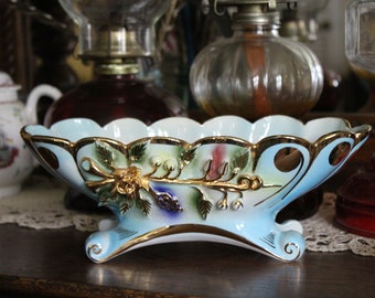 Vintage Blue and Gold Ceramic Planter with Built In Flower Frog, Ornate Blue Porcelain Jardiniere with Applied Flowers, Gawdy Ceramic Basket
