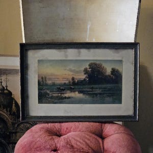 Antique Framed Carl Weber Print of Cows by Pond, Vintage Float Mounted Weber Cow Print in Wood Frame, Pastoral Lithograph Cattle & Farmhouse