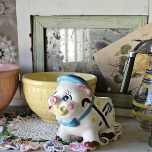 Vintage Pig Planter, Cute Pig Figurine in a Blue Hat with a Pipe and Cane and Polka Dots, Small Colorful Ceramic Pig Planter Made in Japan