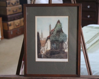 Antique Framed Aquatint Etching of Mossy Cottage with Heart Door by Rene Ludovic Raffray, Vintage French Print in Frame, Raffray Aquatint