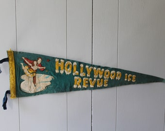 Vintage Large 26" Hollywood Ice Revue Pennant, Blue Felt Ice Skating Pennant, 1950s Figure Skater's Souvenir, Winter Pennant, Camp Bedroom