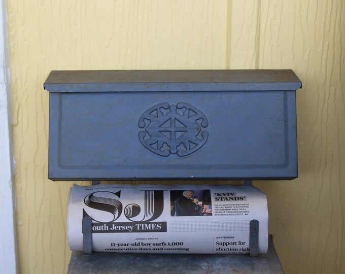 Midcentury Mailbox, Grey Metal Mailbox With Hooks for Newspaper, 1970s