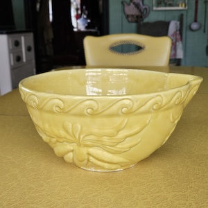 Vintage Hull Pottery Large Yellow Mixing Bowl with Vegetable Motif, Ceramic Batter Bowl with Spout, Please Read Description About Condition