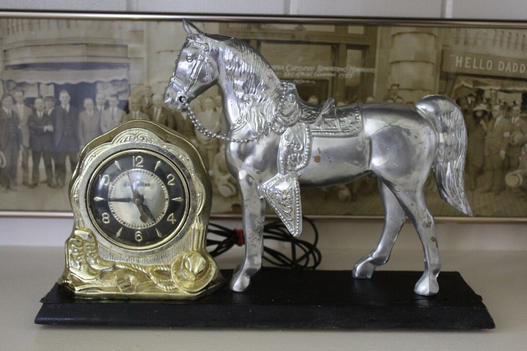Vintage Large Silver Horse Clock, Silver and Gold Horse Clock, 1950s