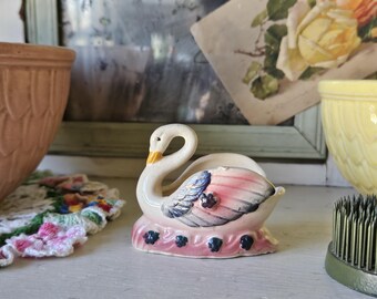 Vintage Small Swan Figurine, Pink and Black Ceramic Swan Ring Dish, Tiny Swan Planter, 1950s Bathroom, Pink Swan Statue, Wedding Decoration
