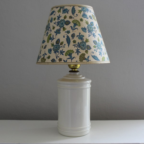 Vintage White Glass Lamp with Blue Flowered Shade, Small White Lamp with Blue and Green Floral Shade, Small Country Lamp, Farmhouse Lighting