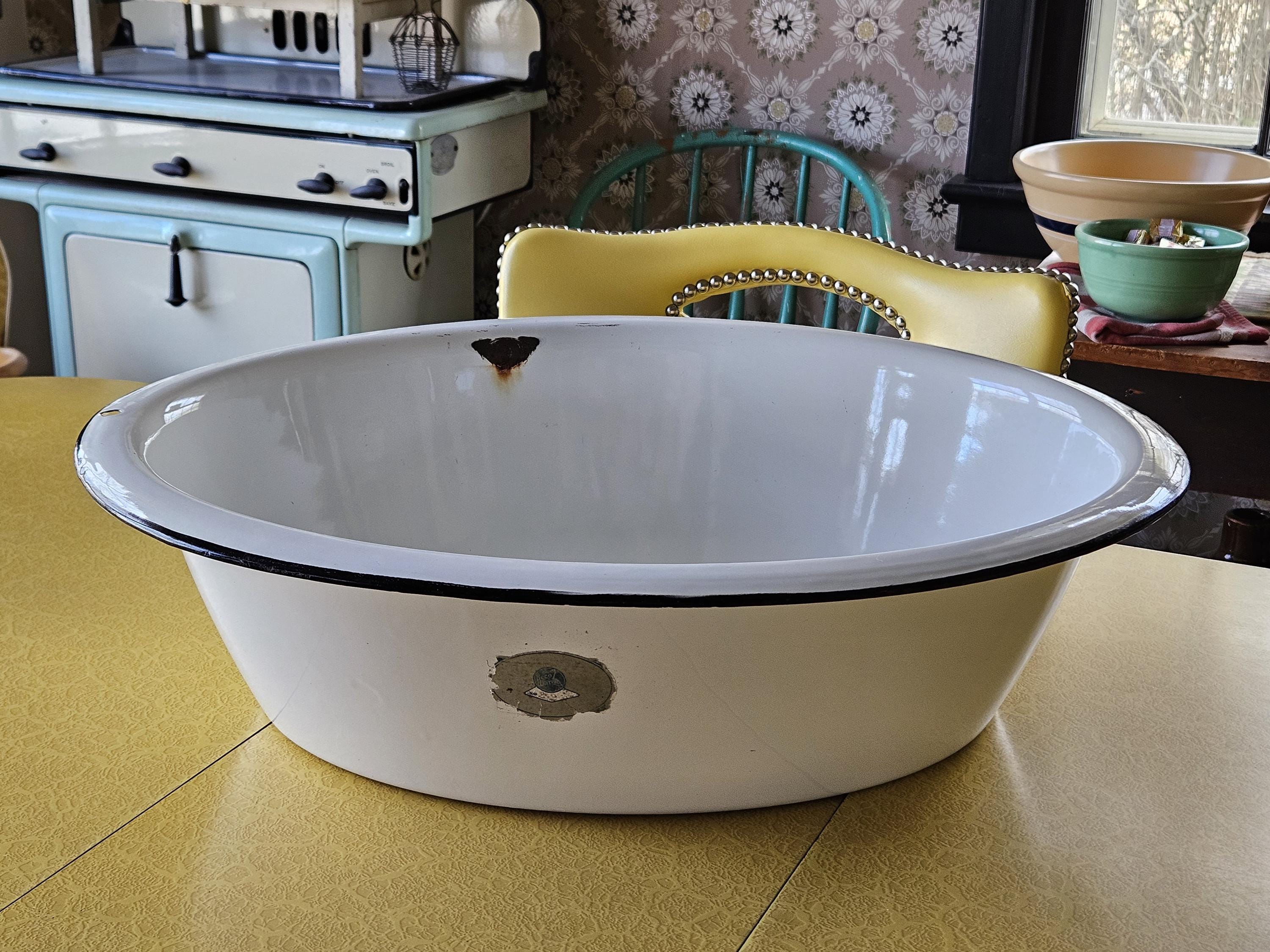 Vintage Large 22" Enamelware Washtub with Label, White with Black Enamelware Wash Tub, Oval Enamel Ware Basin, Enamelware Sink, Baby Bathtub