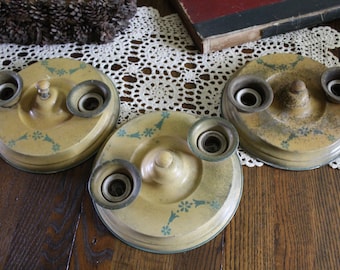 Antique Round Yellow and Green Tin Polychrome Ceiling Fixture, Choose One, 1920s Bare Bulb Light Fixture, Metal Flush Mount Ceiling Light