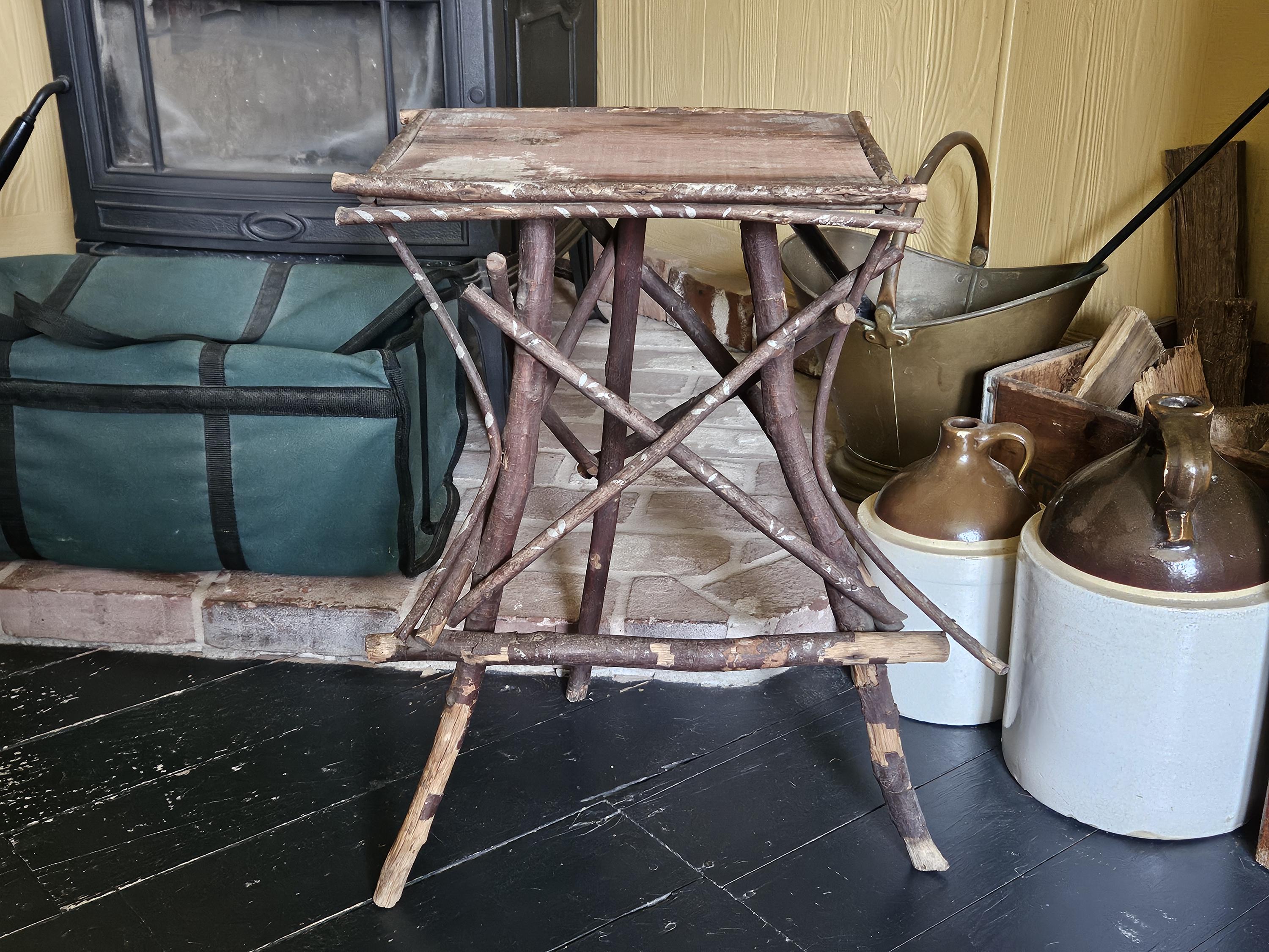 Antique Twig Table, 1920s Bent Willow Porch Table with Painted Silver Accents and Whitier Citrus Crate Top, Vintage Adirondack Side Table