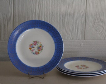 Vintage Set of 4 Royal Sebring Hawaiian Blue China Plates, Sweet Floral Bread Plates with Blue Rims, Cottage Lunch Plates with Union Stamp