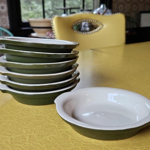 Vintage Set of 7 Avocado Green Hall China Baking Dishes with Tab Handles, Small Round Green Single Serving Casseroles, Individual Oven Dish