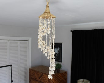 Vintage Shell Hanger, Boho Wicker and Shell Mobile, Coastal Shell Chandelier, Cowrie Shell Beach House Decorative Hanger, Seashell Swag