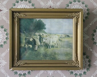 Vintage Framed Print of Cows, Pasture by the Sea Litho in Gold Wood Frame, Old Print of Cows-Not a New Reproduction, Pastoral Scene Picture