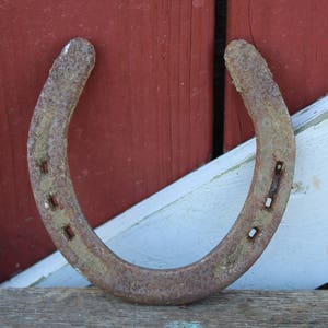 May include: A rusty horseshoe with nail holes, resting on a wooden surface against a red and white painted background.