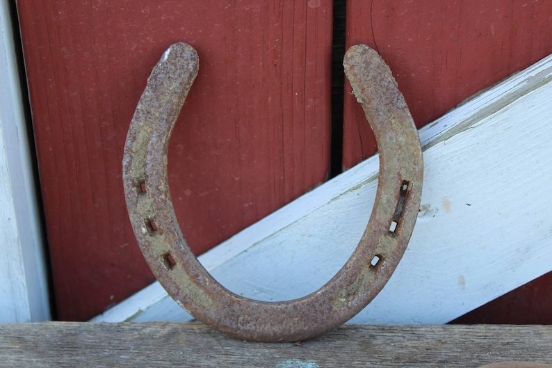 May include: A rusty horseshoe with nail holes, resting on a wooden surface against a red and white painted background.
