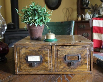 Antique Globe Wood-Look Metal Filing Cabinet with Label Holders, Vintage Metal File Cabinet Drawer, Heavy Steel Card Cabinet, Office Storage