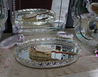 Vintage Silver Oval Vanity Tray with Mirror, Oval Mirrored Vanity Tray, Filigree Dresser Tray, Glam Hollywood Regency Perfume Tray, Exc Cond