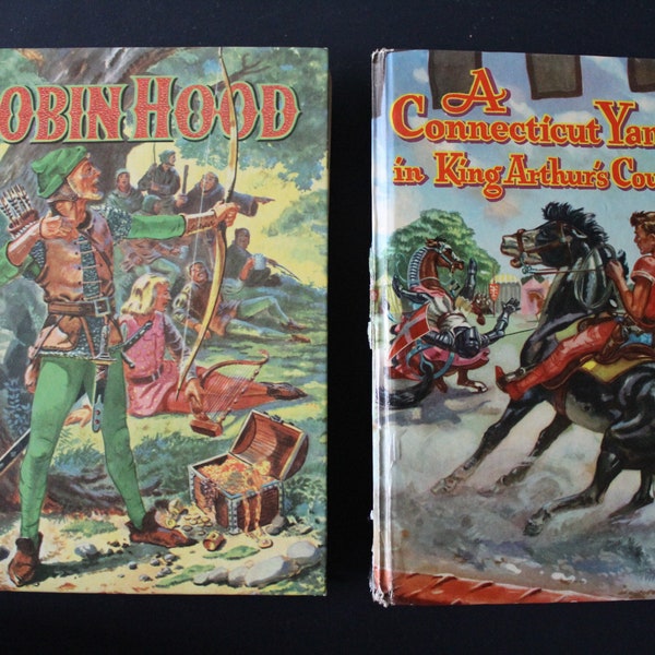 Pair of Renaissance Children's Books, Robin Hood Book, A Connecticut Yankee in King Arthur's Court Book, 1950s Child's Fiction Hardcovers