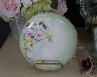 Antique Limoges Mint Green Rose Plate, Vintage Limoges Porcelain Cabinet Plate with Yellow & Pink Roses Gold Trim, Limoges France Wall Plate