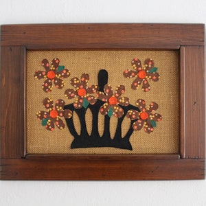 Retro 1970s Orange Flower Picture, Framed Calico Fabric & Felt Picture of Flowers and Basket, 3D Folk Art Floral Wall Hanging in Wood Frame