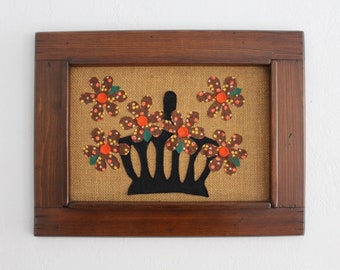 Retro 1970s Orange Flower Picture, Framed Calico Fabric & Felt Picture of Flowers and Basket, 3D Folk Art Floral Wall Hanging in Wood Frame