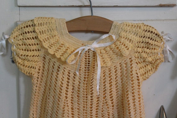 Vintage Yellow Crocheted Baby Dress with White Ri… - image 3