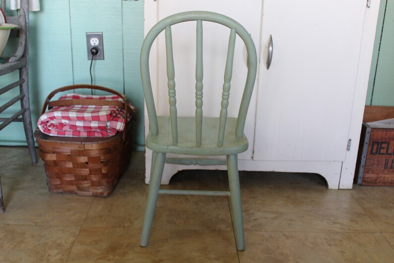 Vintage Small Green Wooden Farmhouse Chair, Child's Green Wood Chair, Kid's Wooden Chair, Children's Windsor Chair for Farm Kitchen or Porch image 4