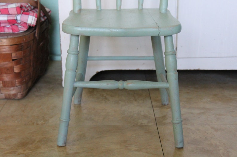 Vintage Small Green Wooden Farmhouse Chair, Child's Green Wood Chair, Kid's Wooden Chair, Children's Windsor Chair for Farm Kitchen or Porch image 7