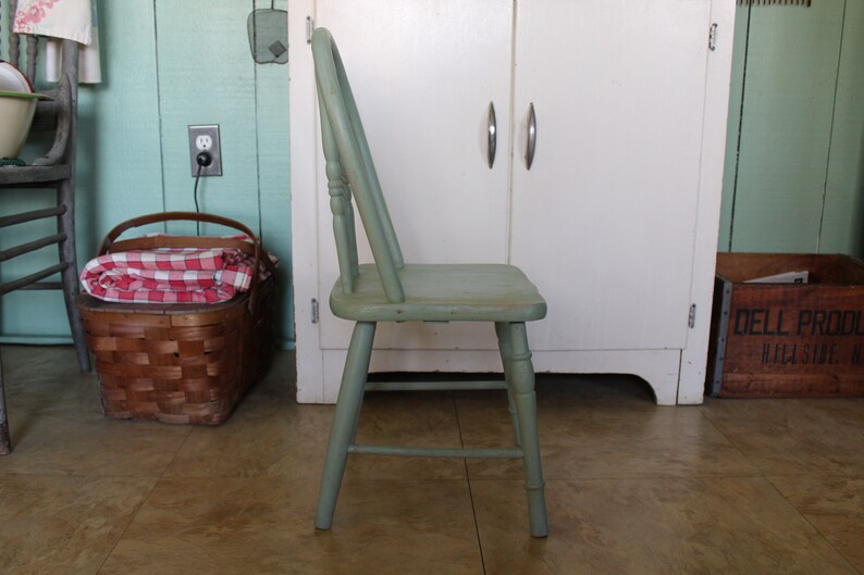 Vintage Small Green Wooden Farmhouse Chair, Child's Green Wood Chair, Kid's Wooden Chair, Children's Windsor Chair for Farm Kitchen or Porch image 5