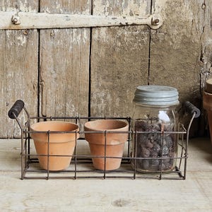 Vintage Rectangle Shaped Wire Basket with 3 Sections and Wooden Handles, Flower Pot Holder, Wire Carrier, Metal Caddy, Farm Kitchen Storage