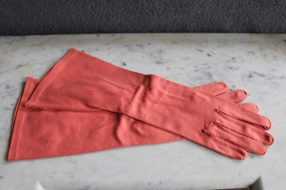 Vintage Coral Gloves, Size 7 1/2 Wear Right Long … - image 1