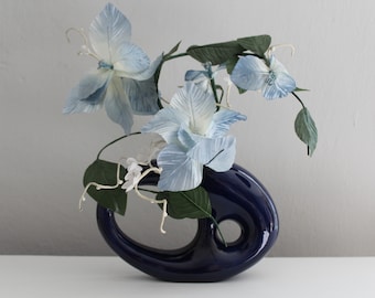 Vintage Dark Blue Deco Revival Vase with Fake Flowers, 1980s Haeger Floral Artech Cobalt Blue Biomorphic Ceramic Vase, Double Holes, Ikebana