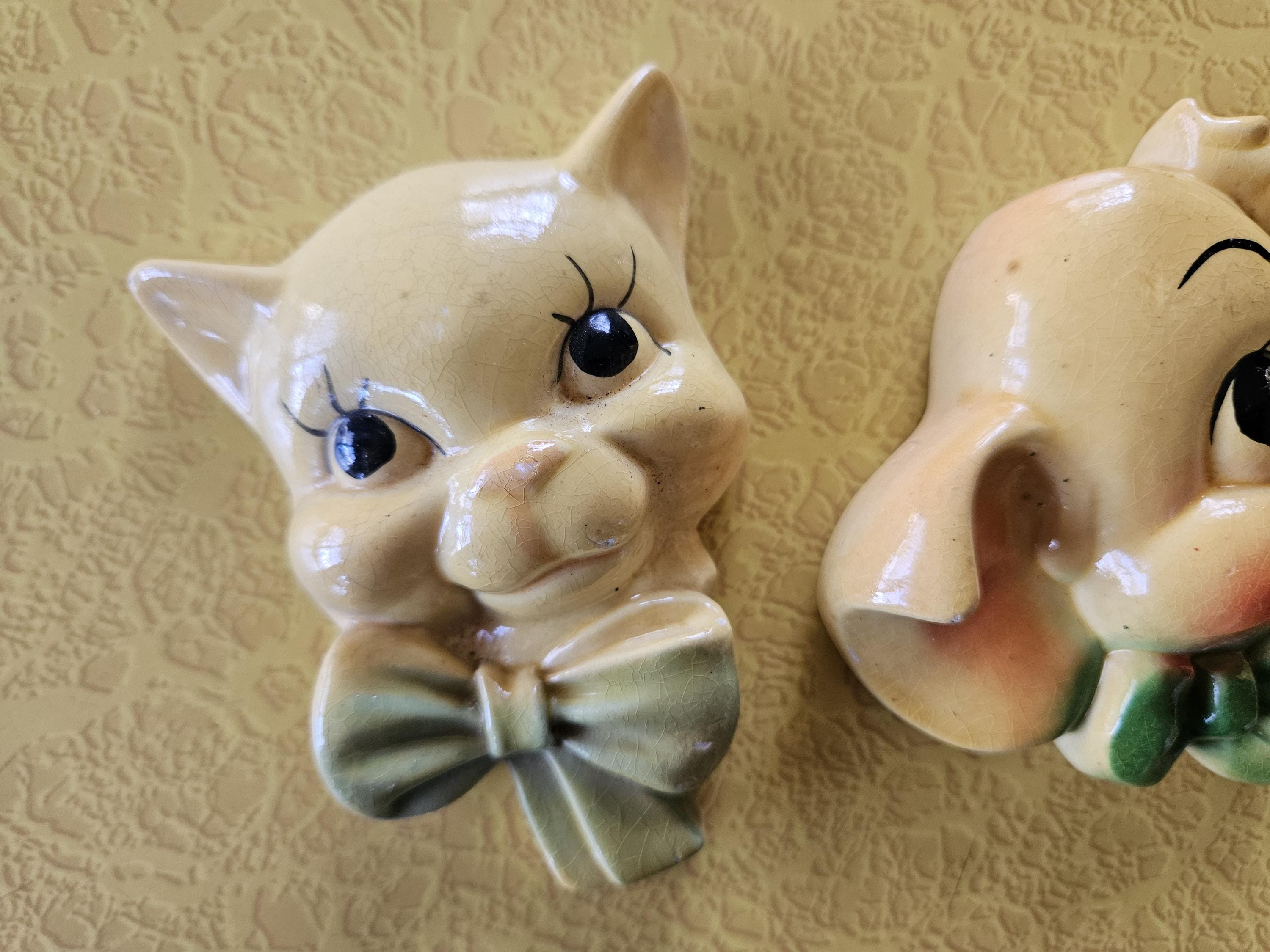 Vintage Set of 3 Animal Chalkware Plaques, Chalkware Cat, Elephant and ...