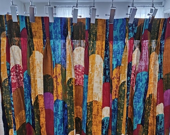 Midcentury Pinch Pleat Drapes with Maroon Blue Cinnamon Geometric Pattern, 2 Panels 34" Wide X 43" Long Each Panel, Vintage Mid Mod Curtains