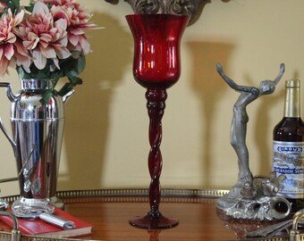 Midcentury 15 3/4" Tall Empoli Ruby Red Candleholder with Twisted Stem, Vintage Handblown Red Glass Optic Candle Holder Vase Made in Italy